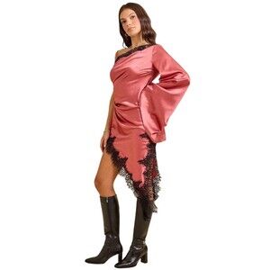 Silky Satin Asymmetrical Pink Dress M One Shoulder Midi Lace Trim Cocktail Party